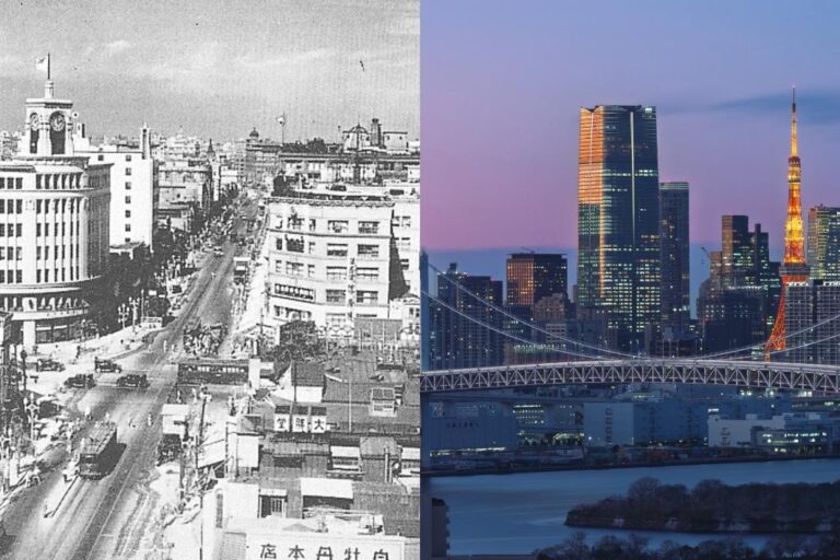 1930s Ginza beside today’s Tokyo skyline with Rainbow Bridge — past vs present